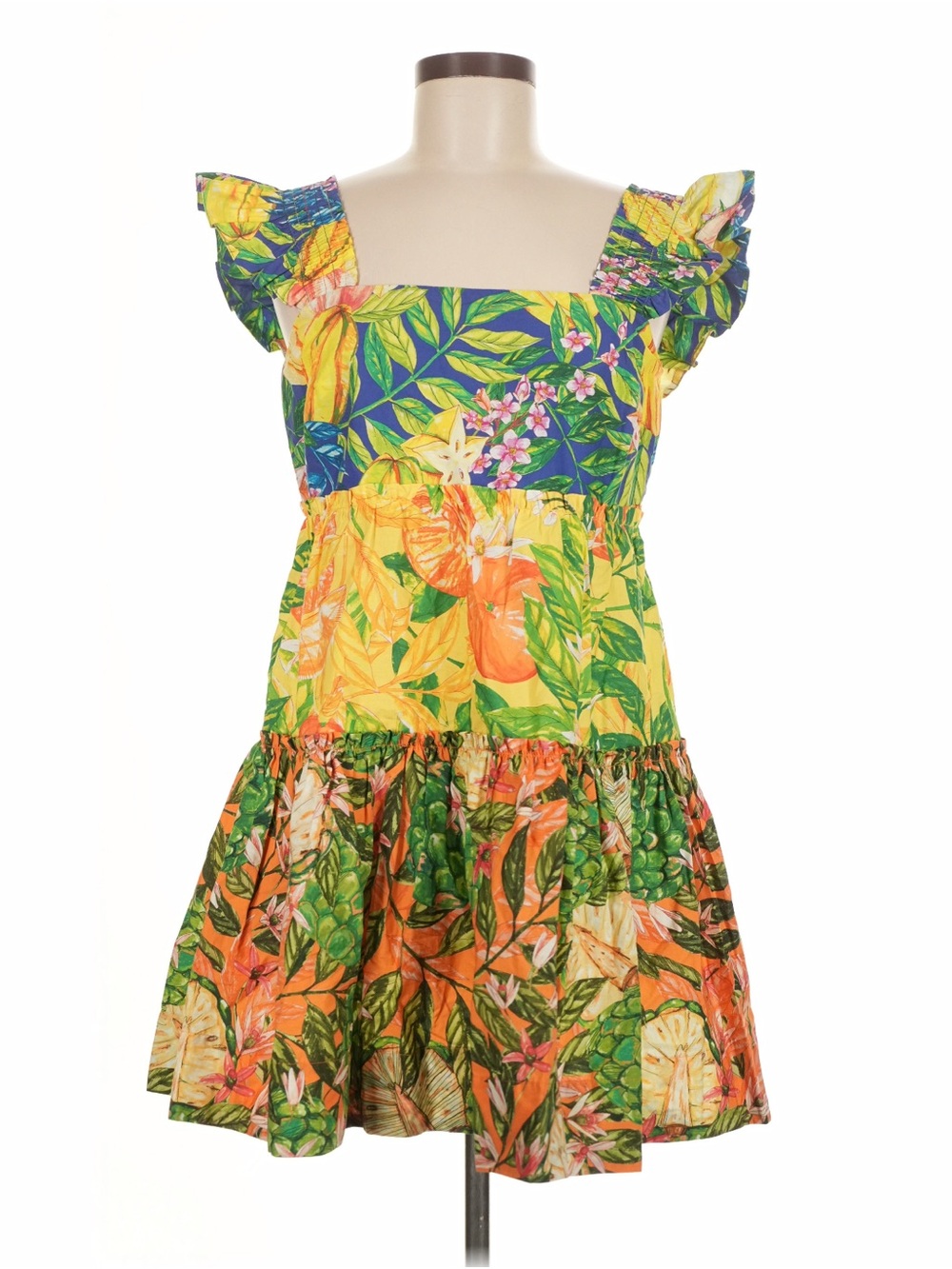 FARM Rio Square-Neck Tropical Mini Dress in Yellow, Green, Blue, Orange